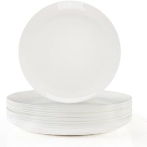 Dinner Plates Set of 12 – 10-1/2 inch Scratch Resistant Glass Salad Plates – White Kitchen Serving Dishes – Microwave &
