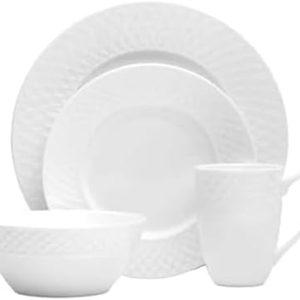 Mikasa Trellis 16-Piece Dinnerware Set - Lightweight White Bone China Service for 4, Textured Design, Chip-Resistant & D