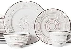 Pfaltzgraff Trellis White 16-Piece Dinnerware Set - Distressed White Stoneware, Microwave & Dishwasher Safe, Service for