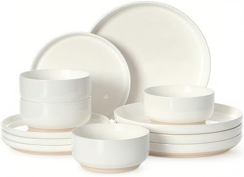 Ceramic Dinnerware Sets for 4 | Scratch Resistant 12-Piece Dish Set | Microwave & Dishwasher Safe | Elegant Cream White