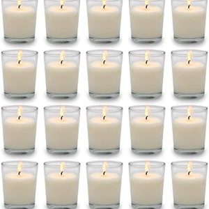 Set of 20 White Unscented Votive Candles for Weddings, Spa, Birthdays - Clear Glass, Soy Wax, Ideal for Home Decor & Par