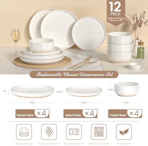 Ceramic Dinnerware Sets for 4 | Scratch Resistant 12-Piece Dish Set | Microwave & Dishwasher Safe | Elegant Cream White