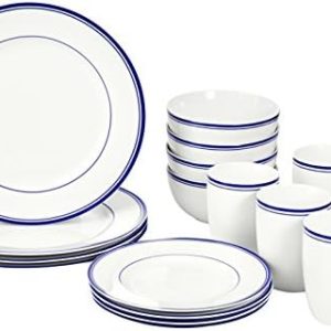 Amazon Basics 16-Piece Cafe Stripe Dinnerware Set for 4 - Stylish Blue Plates, Bowls & Mugs for Everyday Use