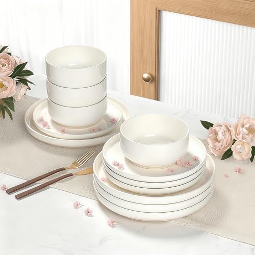 Ceramic Dinnerware Sets for 4 | Scratch Resistant 12-Piece Dish Set | Microwave & Dishwasher Safe | Elegant Cream White