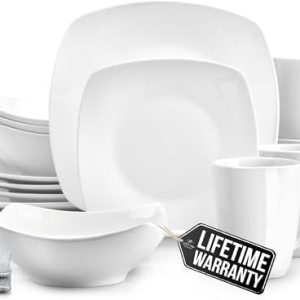 Zulay Kitchen Modern 16-Piece Porcelain Dinnerware Set for 4 | Chip & Scratch Resistant Square Plates & Bowls | Microwav
