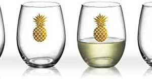 Luminarc Aloha 17 oz Glass Set + Tropical Design + Home Entertaining + Elegant Gold Pineapple + 4 Piece Set + Perfect fo