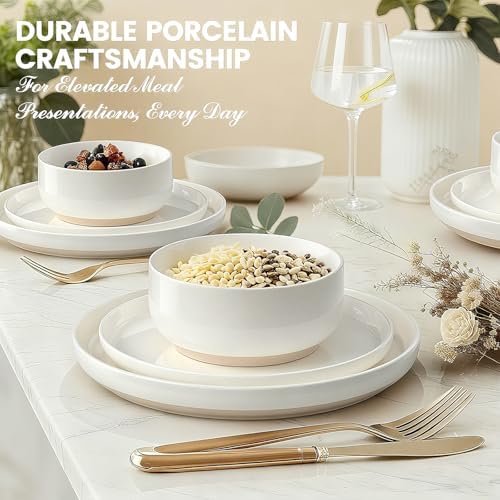 Ceramic Dinnerware Sets for 4 | Scratch Resistant 12-Piece Dish Set | Microwave & Dishwasher Safe | Elegant Cream White