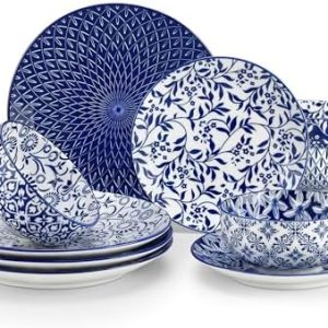 vancasso SELENE Blue Porcelain Dinnerware Set for 4 | 12-Piece Microwave & Dishwasher Safe Plates and Bowls | Stylish an