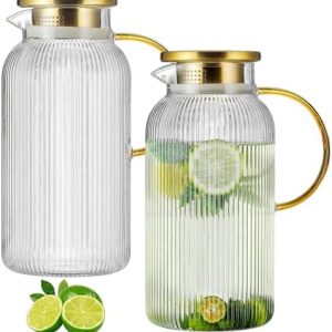 2 PACK Glass Pitcher with Lid - 68 oz Classic Vertical Stripes for Iced Beverages - Heat Resistant Carafe for Cold Brew